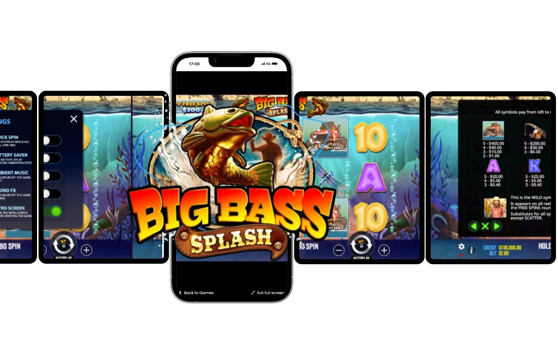 Alternativ tekst (alt-tekst) for bildet: "Bildet viser en mobiltelefon som presenterer et online casinospill kalt 'Big Bass Splash'. I midten av skjermen er det en stor logo for spillet, med en stor fisk som hopper ut av vannet, omringet av et blått undervannstema. Rundt mobiltelefonen er det flere spillskjermer som viser ulike aspekter av spillet, inkludert spilleautomat-symboler som bokstavene 'A', 'K', '10', og ulike fiskemotiver. Symbolene vises sammen med informasjon om spillinnstillinger og gevinsttabell."